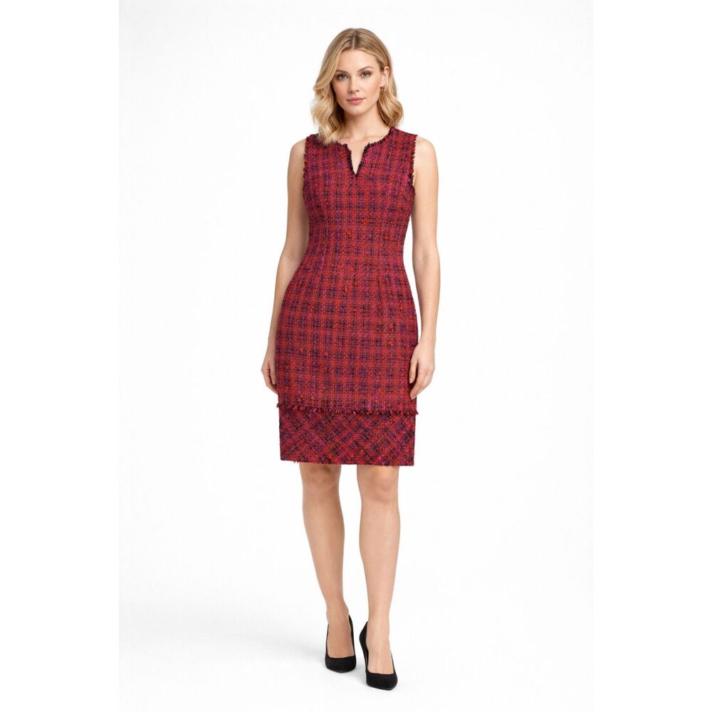 Karl Lagerfeld Paris Tweed Fringe Dress Size 4 Red Black Sleeveless Sheath